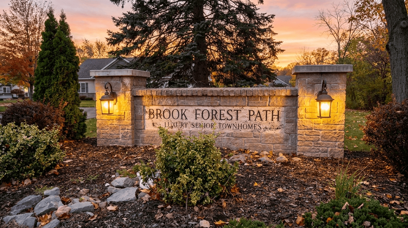 Brook Forest Path stone entrance sign at dusk