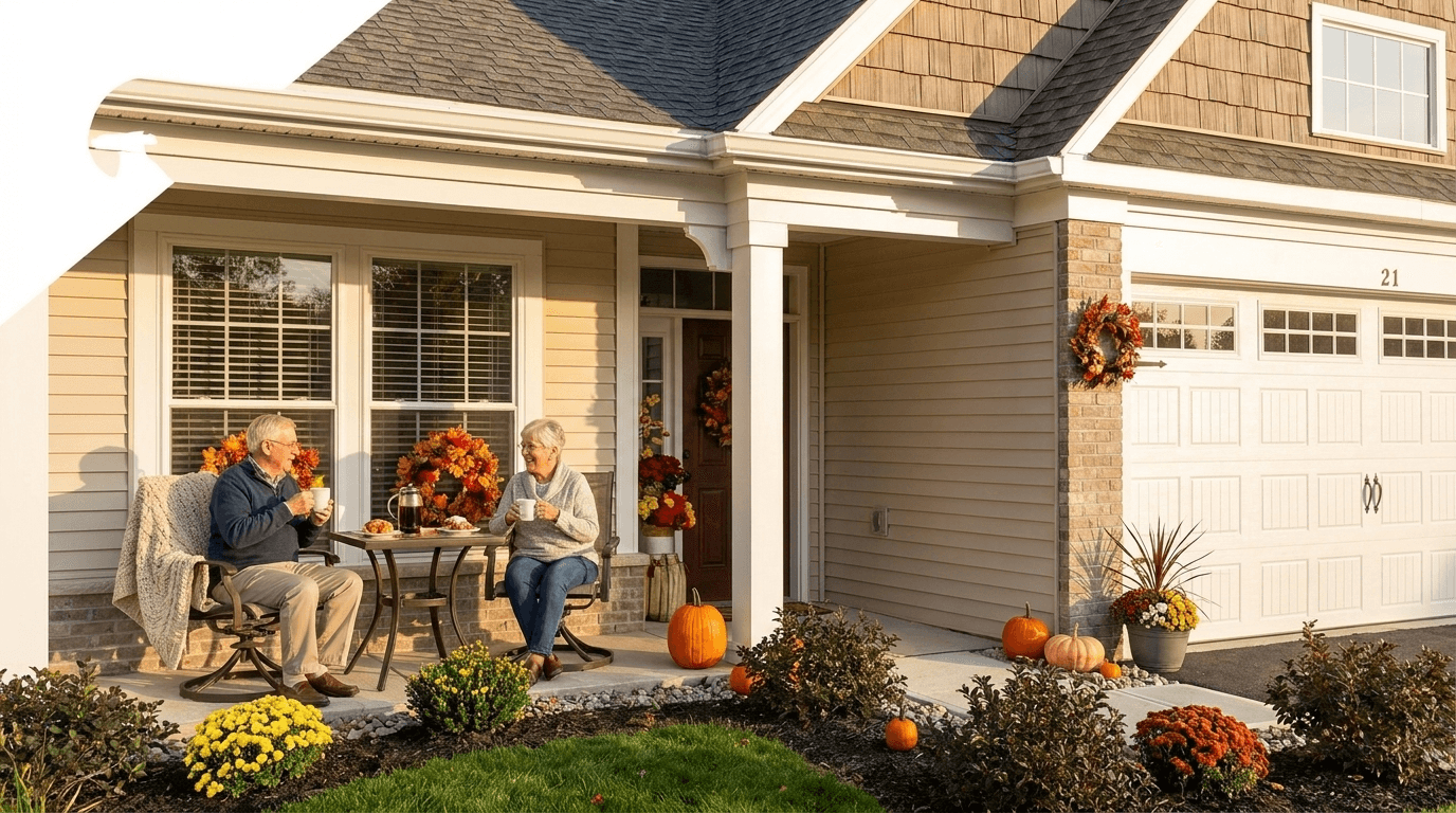 Residents enjoying coffee on the porch of a ranch townhome